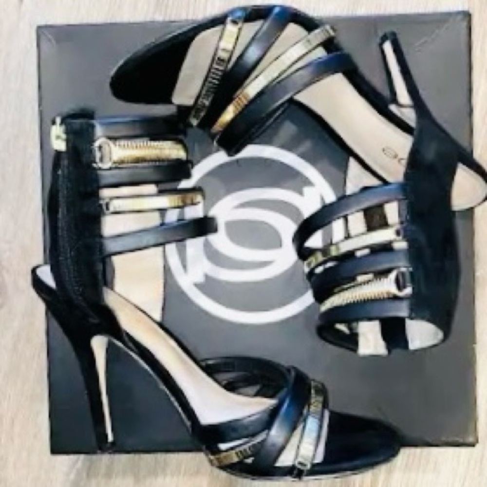 Bebe Black and Gold Strappy Stilettos Heels in Box Size 7 - Picture 4 of 4